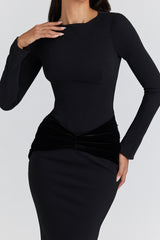 black long sleeve crepe jersey maxi dress