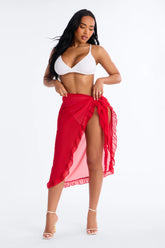 Beach Vibes Maxi Ruffle Trim Waist Tie Swim Cover Up Sarong - Red