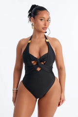 Sand Castle Twisted Cut Out Hardware 1 Piece Swimsuit - Black
