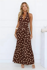Nova Nights Halter Polka Dot Maxi Dress Brown