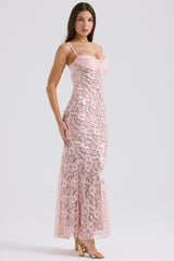 rose pink lace godet gown