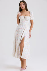 white posy print cotton puff sleeve midi sundress