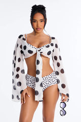 Warm Vacay Sheer Flare Sleeve Front Tie Boyshort 3 Piece Bikini Set - White/Black