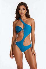 Poolside Sun Hardware Asymmetrical Cutout 1 Piece Monokini - Teal
