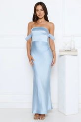 Hot Girl Diaries Off Shoulder Satin Maxi Dress Blue