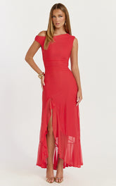 Judee Midi Dress - One Shoulder High Side Split Dress in Red