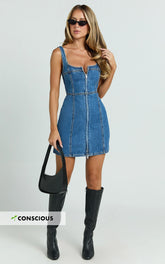 Chrysoula Mini Dress - Square Neck Zip Front Sleeveless Bodycon Denim in Mid Blue Wash