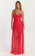 Jett Maxi Dress - Halter Tie Ruched Bodice Side Split Dress in Red