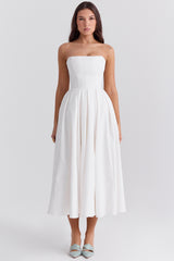 white strapless midi sundress