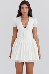 white pleated cotton mini dress