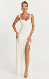 Freya Maxi Dress - Twist Bust Detail Drop Waist Dress in White