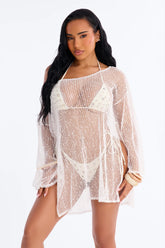 Sarah Textured Long Sleeves Off Shoulder Swim Cover Up Top - White