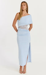 Juliet Midi Dress - One Shoulder Lace Contrast Bodycon Dress in Blue