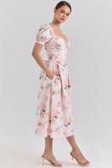 peach floral cotton puff sleeve midi dress