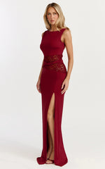 Alberta Maxi Dress - Spliced Sheer Lace Column Dress in Wine