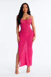 Oliva Crochet Seashells Maxi Swim Cover Up Dress - Fuchsia