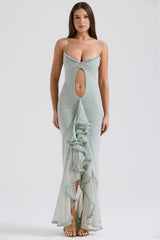 pistachio ruffled front gown