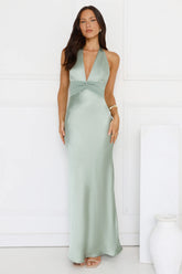 Spiced Sunset Satin Halter Maxi Dress Sage