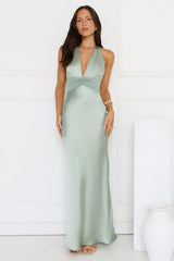 Spiced Sunset Satin Halter Maxi Dress Sage