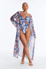 Monique Geometric Criss Cross Halter 2 Piece Bikini Kimono Set - Blue/combo