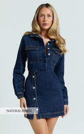 Ainsley Mini Dress - Button Through Long Sleeve Denim Dress in Dark Blue