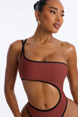 Riviera Ready 1 Piece One Shoulder Cut Out Swimsuit - Brown/combo
