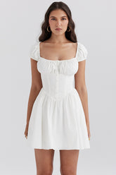 white cotton gathered mini dress