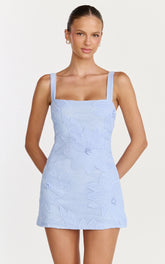 Sienna Mini Dress - Square Neck Floral Embroidered A Line Dress in Blue