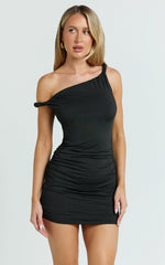 Drew Mini Dress - Off Shoulder Twist Bodycon Mini Dress in Black