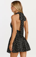 Ruby Mini Dress - Halter Neck Tie Drop V Waist Gathered Dress in Black Polka Dot Print
