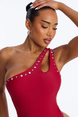 Whiskey And Waves Studded Asymmetrical Lace Up 1 Piece Swimsuit - Burgundy