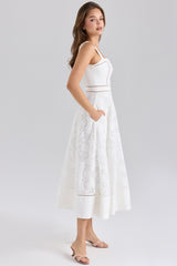 white stretch cotton broderie anglaise midi dress