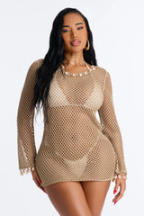 Citlally Long Sleeves Mini Swim Cover Up Dress - Taupe