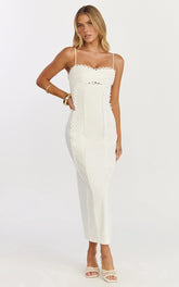 Nikki Midi Dress - Scallop Edge Front Split Column Dress in Off White