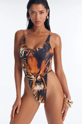 Under The Palm Trees Animal High Leg 1 Piece Swimsuit - Black/Orange