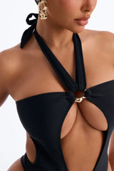 Biayna 1 Piece Halter Cut Out Swimsuit & Cover Up Maxi Skirt Set - Black