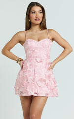 Kala Mini Dress - 3D Floral A Line Dress in Pink