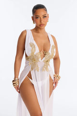 Leslie Applique High Slit Cover Up Dress - White