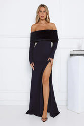 Glow In The Snow Faux Fur Off Shoulder Maxi Dress Navy