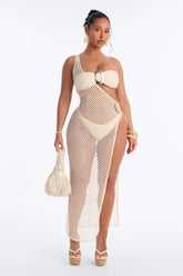 Sunsets Crochet 3 Piece Strapless Bikini & One Shoulder High Slit Cover Up Dress Sunsuit - Cream