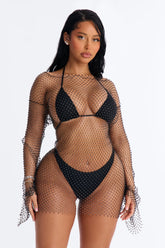 Caught In Rhinestone Fishnet Swim Cover Up Mini Dress - Black
