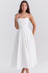 white strapless midi sundress