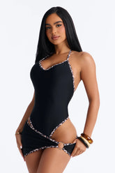 Callista 1 Piece Leopard Contrast Trim Swimsuit & Micro Mini Skirt Set - Black