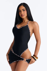 Callista 1 Piece Leopard Contrast Trim Swimsuit & Micro Mini Skirt Set - Black