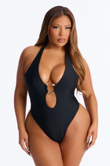 Shore Hips Hardware Scoop High Leg 1 Piece Swimsuit - Black