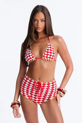Sabine Gingham 2 Piece Crochet Triangle Bikini & Boyshort Bottom Set - Red/combo