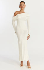 Elaine Midi Dress - Knit Off Shoulder Asymmetric Panel Dress in Cream