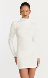 Ruby Mini Dress - High Neck Long Sleeve Dress in Off White