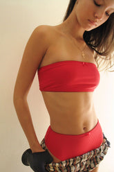 Jada Ribbed Bandeau Bikini Top - Crimson