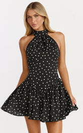 Ruby Mini Dress - Halter Neck Tie Drop V Waist Gathered Dress in Black Polka Dot Print
